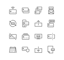 Set of credit card and banking icons, withdraw funds, buying, selling, payment method and linear variety vectors.	
