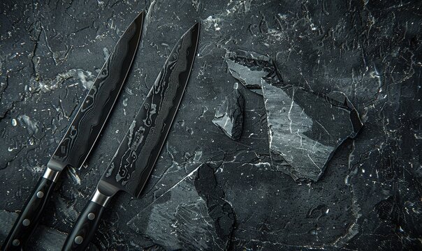 Two black knives and chunks of flat stone on a textured black background