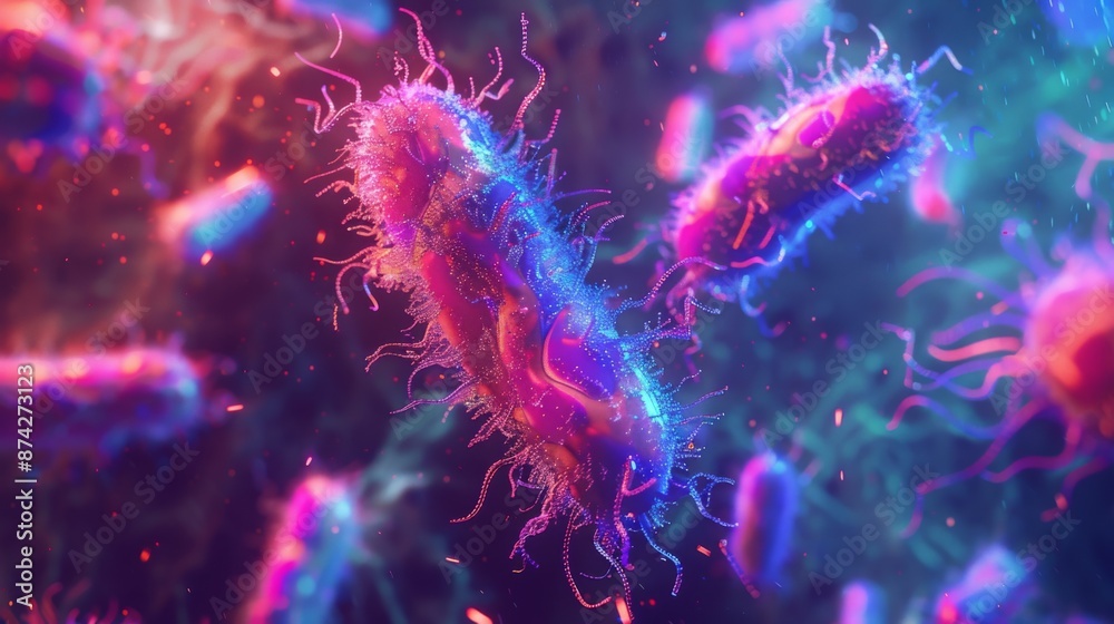 Fototapete A microscopic view of colorful bacteria. The bacteria are in focus and have a fuzzy, textured appearance. The background is blurred and dark blue, with glowing particles.