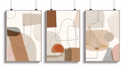 A set of three abstract art posters with minimalistic designs, positioned side by side on a white wall. Each poster features abstract forms in neutral colors, with a focus on negative space and clean