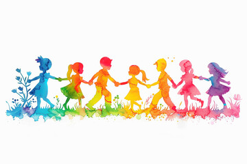 Fototapeta premium Children holding hands, papercut style, vibrant and colorful, white background