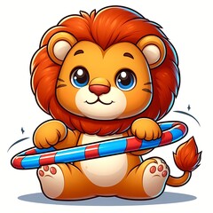 Naklejka premium Cute lion Playing Hula Hoop Cartoon Vector Icon Illustration