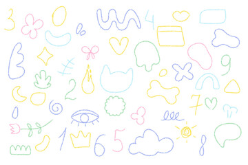 Colored elements, letters, doodle figures, wax crayon drawings, school children drawings on white background.