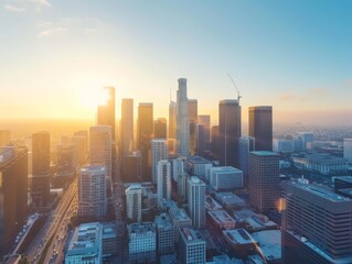 Fototapeta premium modern city landscape, aerial shot, morning clear sky, clean colors 