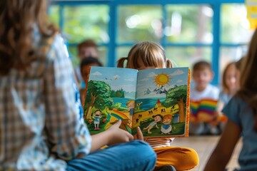 Teacher reading a summerthemed picture book to students in a cozy classroom, literacy concept, close up, education theme, realistic, manipulation, reading corner backdrop
