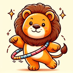 Cute lion Playing Hula Hoop Cartoon Vector Icon Illustration