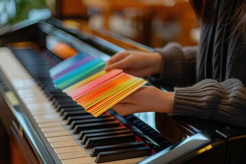 Teacher using flashcards to teach piano notes to children, visual learning concept, focus on, music education theme, dynamic, fusion, classroom backdrop