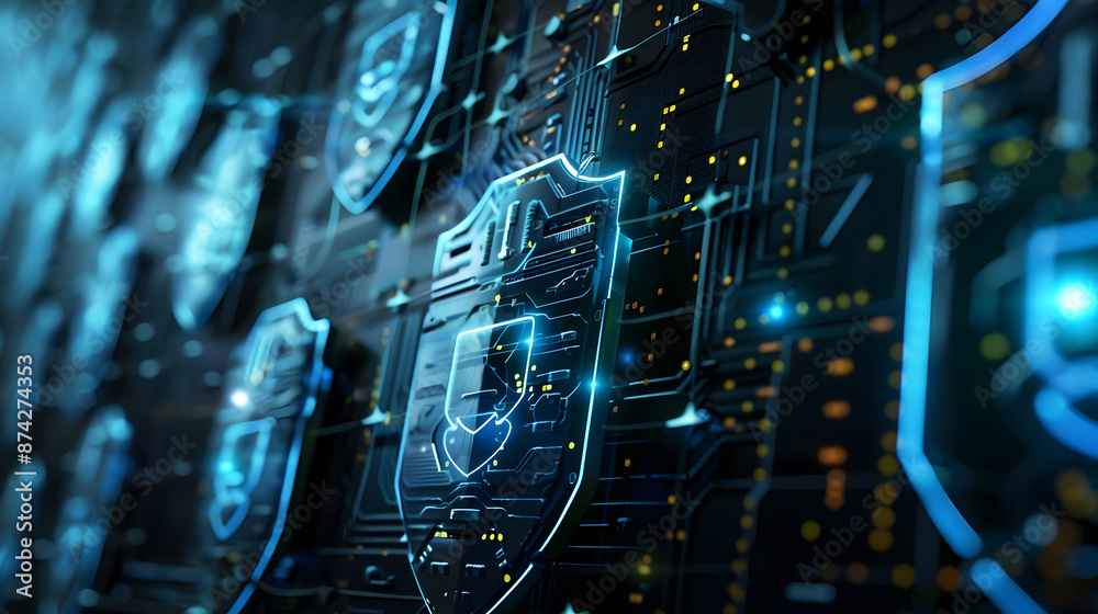 Poster security patch armor, computer security with an image showing a computer covered in armor-like patch