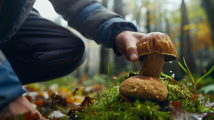 person picking mushrooms in the forest