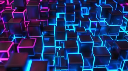 Fototapeta premium 3D background, black cubes with blue and purple neon lighting 