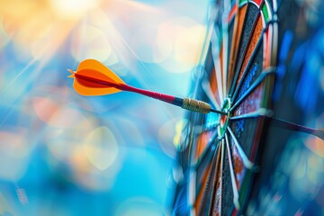 Darts arrow hitting the center target against a blue sky background, symbolizing business goals and success, captured in high detail with an ultra-realistic style and shallow depth of field.