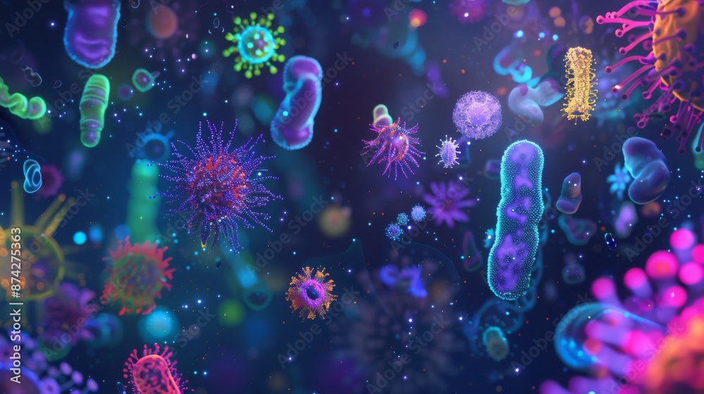 Fototapete a digital illustration depicts various colorful microorganisms floating in a dark background. the mi