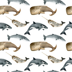 Seamless pattern with watercolor whales.