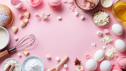 Discover a bright pastel pink background adorned with ingredients for homemade baking, featuring granola, yogurt, chocolate, and fresh figs. Perfect for breakfast or dessert themes.