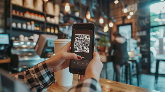 Hands, Phone, and QR Code in Coffee Shop: Showing hands holding a phone with a QR code in a coffee shop setting, representing payment and fintech app usage for point-of-sale transactions, deals