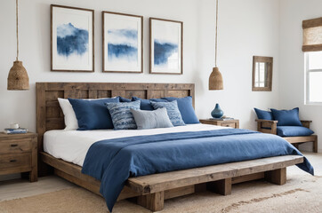 Spacious modern bedroom interior with blue wood accents and framed watercolor paintings