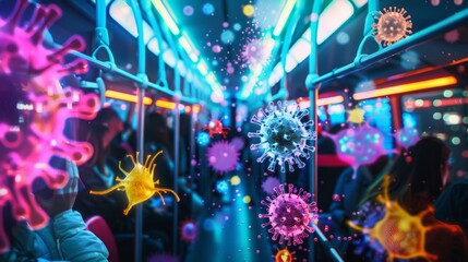 A crowded bus with passengers sitting and standing, illuminated by bright lights. The image focuses on the spread of viruses in the air, visualized as colorful, detailed representations.
