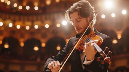 Fototapeta premium Stage performance by a violinist under dramatic lighting in a grand concert hall, demonstrating their musical prowess and dedication to their craft amidst an engaged audience.
