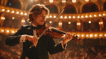 A musician playing the violin on stage with dramatic lighting, set against the backdrop of a grand concert hall filled with an enraptured audience, showcasing their dedication and talent.

