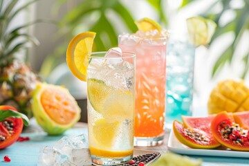 Fototapeta premium Sparkling protein beverage with tropical fruit flavors and ice, Crisp Protein Sparkling, exotic and revitalizing