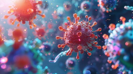 A red virus with spikes is seen in close-up, with other viruses in the background.