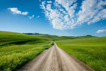 Fototapeta premium Beautiful wide road with a blue sky and green fields on the sides.