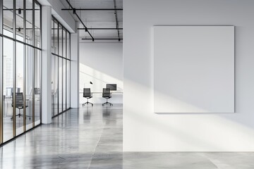  White wall in a modern office interior with glass walls and desks nearby, 3D rendering mock-up with a white background and copy space on the left side of the frame, captured in a panoramic