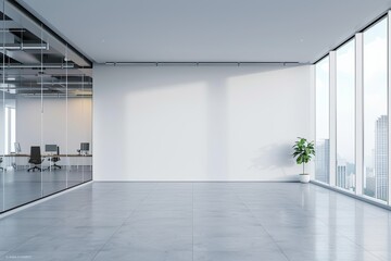  White wall in a modern office interior with glass walls and desks nearby, 3D rendering mock-up with a white background and copy space on the left side of the frame, captured in a panoramic