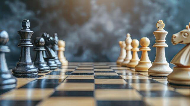 Black and white chess pieces arranged on chessboard ready for game