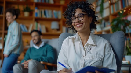 The smiling woman in office.