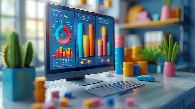 A 3D isometric illustration of an online marketing dashboard, showcasing detailed competitor analysis with graphs comparing competitor metrics and market share, vibrant colors, realistic textures,