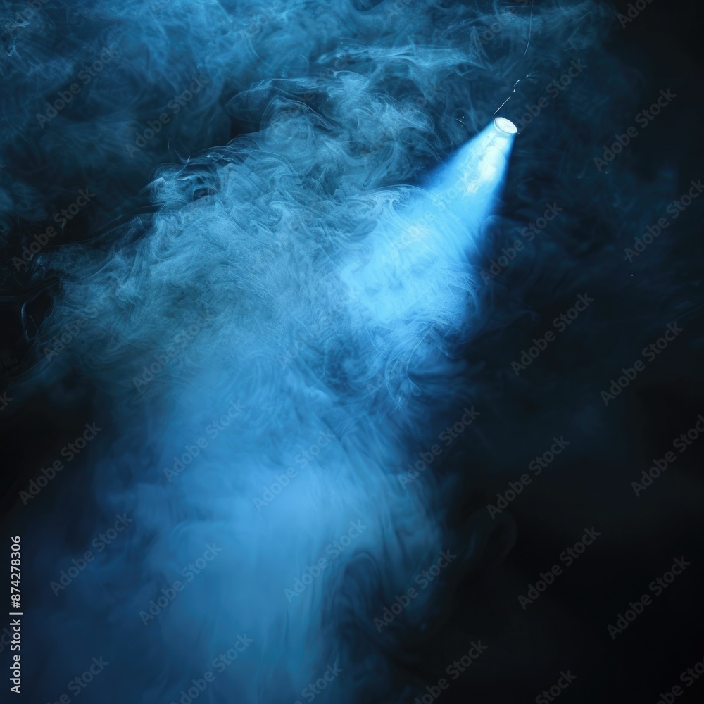 Poster a narrow blue spotlight projecting through dense smoke, producing a captivating and enigmatic visual