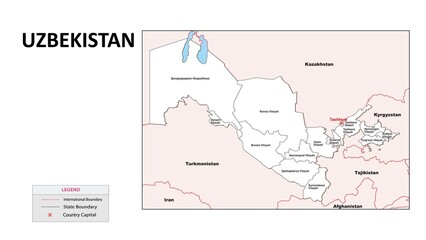 Obraz premium Uzbekistan Map. State map of Uzbekistan. Administrative map of Uzbekistan with State and capital in white color.