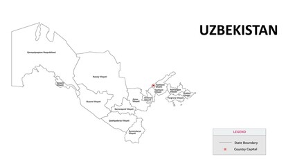 Uzbekistan Map. State and State map of Uzbekistan. Administrative map of Uzbekistan with States and boundaries in white color.