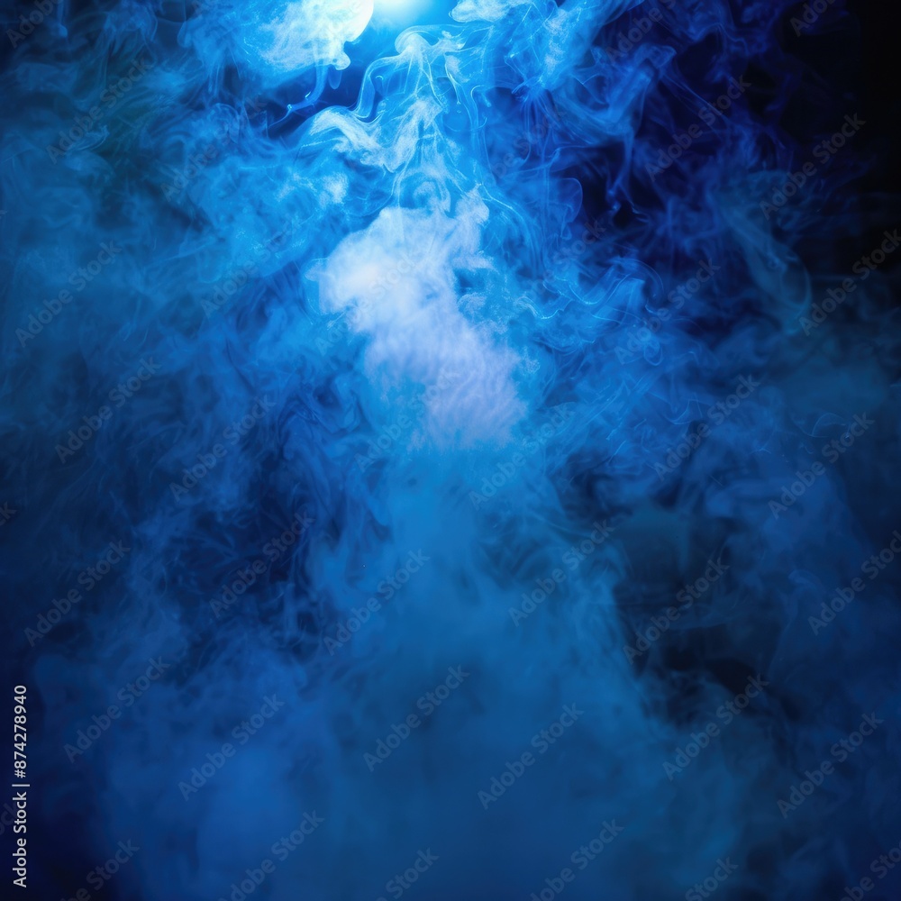 Poster A focused blue light illuminating through a cloud of smoke, casting shadows and creating a captivating visual atmosphere. 