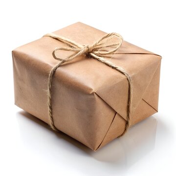 Brown paper package tied with string on a white background