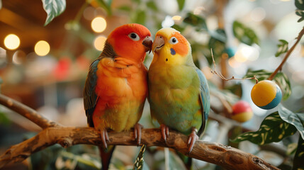 Obraz premium Pair of lovebirds grooming each other in a large aviary filled with colorful toys and natural branches, creating a heartwarming and lively scene.