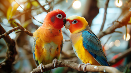 Fototapeta premium Lovebirds grooming each other in a large, well-decorated aviary with colorful toys and natural branches, creating a lively and affectionate scene.