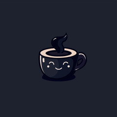 Cute cartoon coffee cup on a black background. Vector object in kawaii style. Vector illustration in flat style