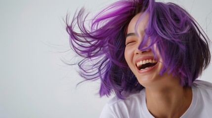 the joyful woman with purple hair