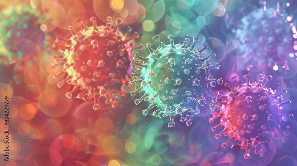 Poster four colorful, microscopic images of the coronavirus. the background is a bokeh of blurred colored l