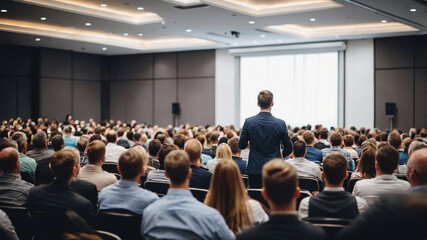 A packed auditorium with audience seated while two speakers are presenting on stage at a conference.