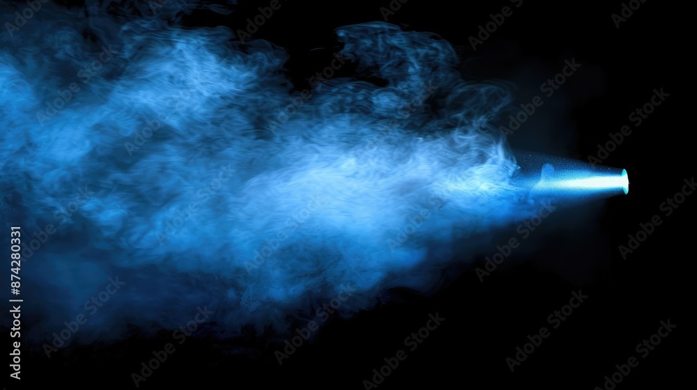 Poster a blue spotlight shining through a thick cloud of smoke, creating a mysterious and captivating visua