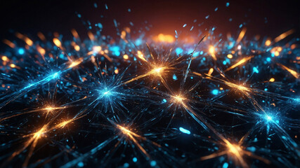 An abstract representation of a neural network with glowing blue and orange nodes and connecting lines.