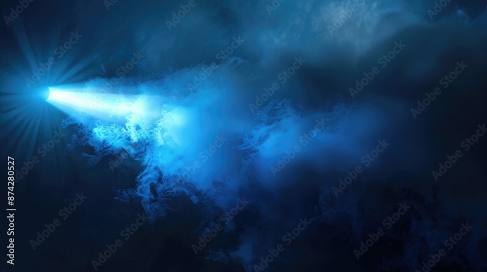 Poster a focused blue vector spotlight illuminating a dark scene with a cloud of smoke, creating an intense