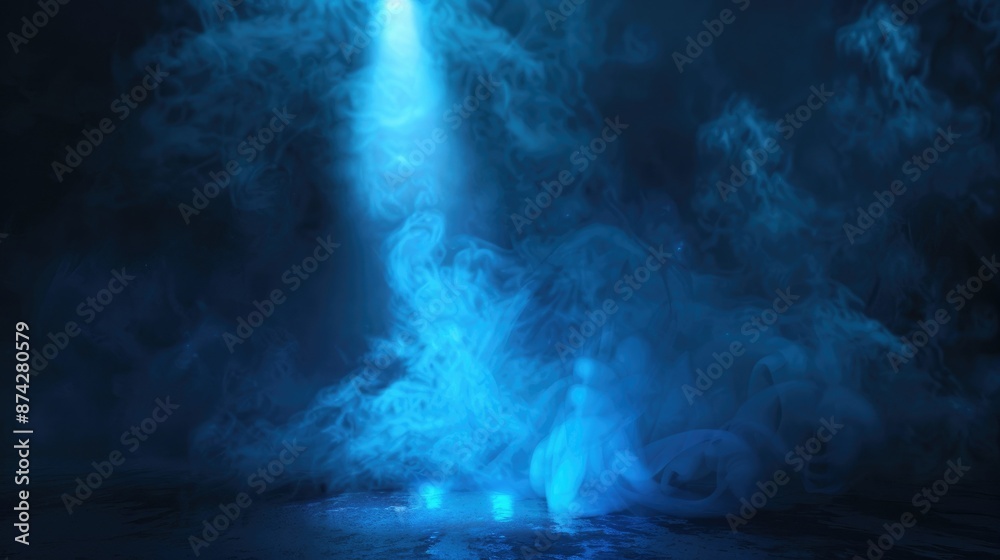 Poster a focused blue vector spotlight illuminating a dark scene with a cloud of smoke, creating an intense