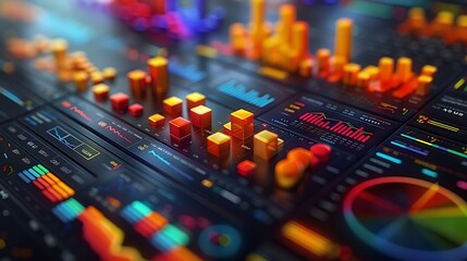 A 3D isometric illustration of an online marketing dashboard, showcasing detailed user behavior analytics with graphs displaying click paths and session durations, vibrant colors, realistic textures,