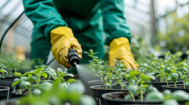 Unrecognizable farm worker spraying pesticides on seedling plants in a greenhouse