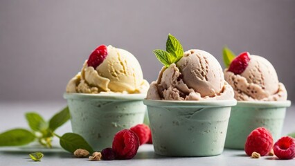 Ice Cream Assortment. Various italian ice creams in row on white background, top view, copy space. Frozen yogurt set in cups - healthy summer dessert.