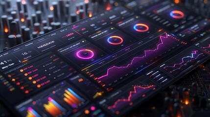 Obraz premium A 3D isometric marketing dashboard with a focus on customer demographics, detailed graphs showing age, gender, and location data, interactive design elements, crisp and clean interface, vivid colors,